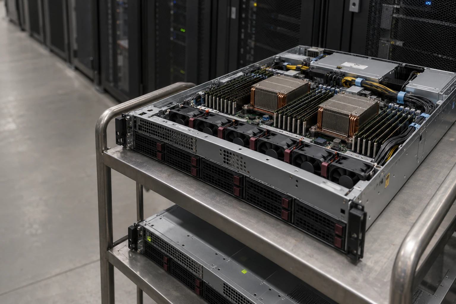 Geöffneter CPU-Server mit zwei Prozessoren und vielen Speichermodulen auf einem Servicewagen