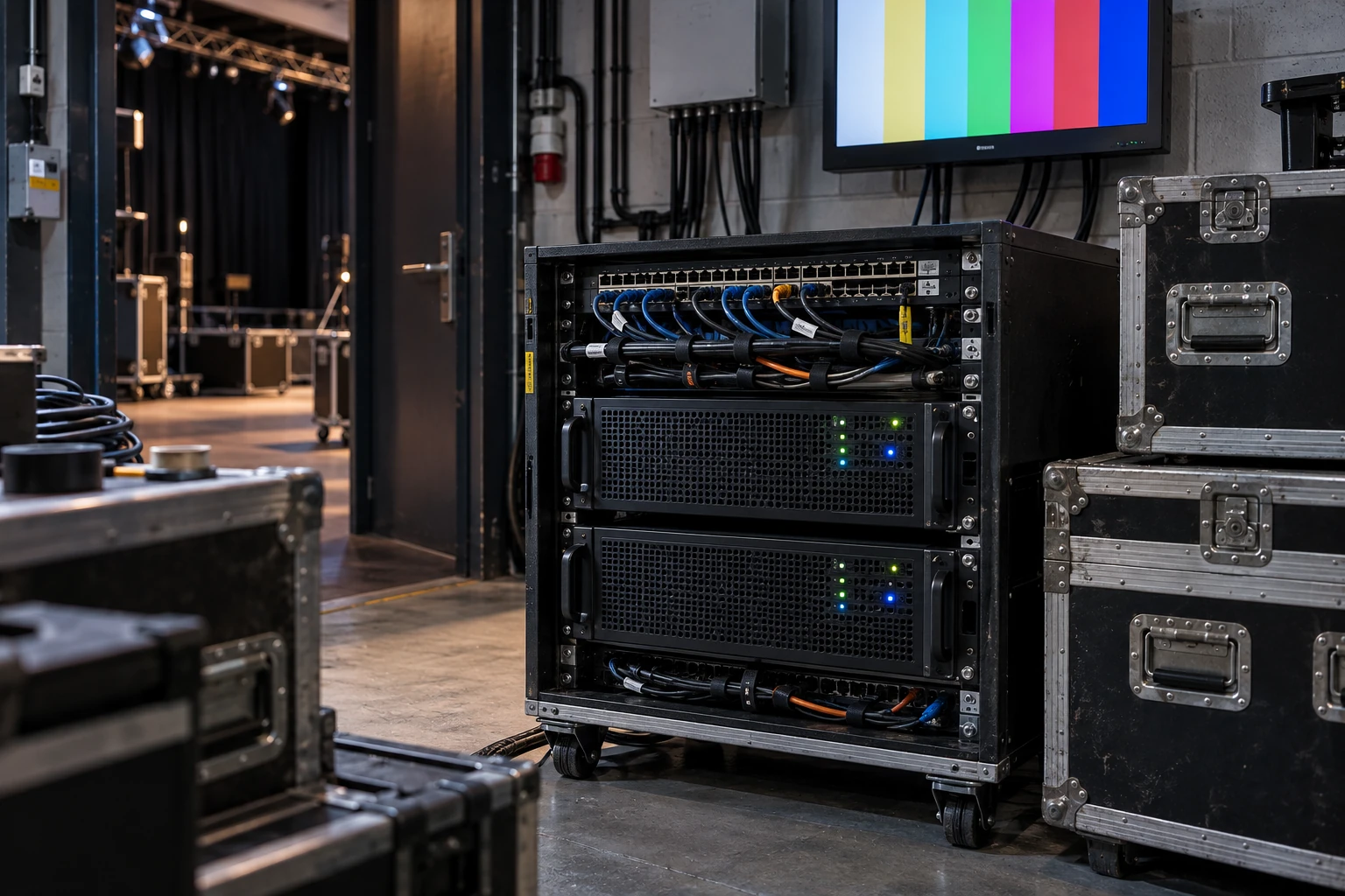 Rack-Medienserver mit geordneter Verkabelung in einem Technikraum