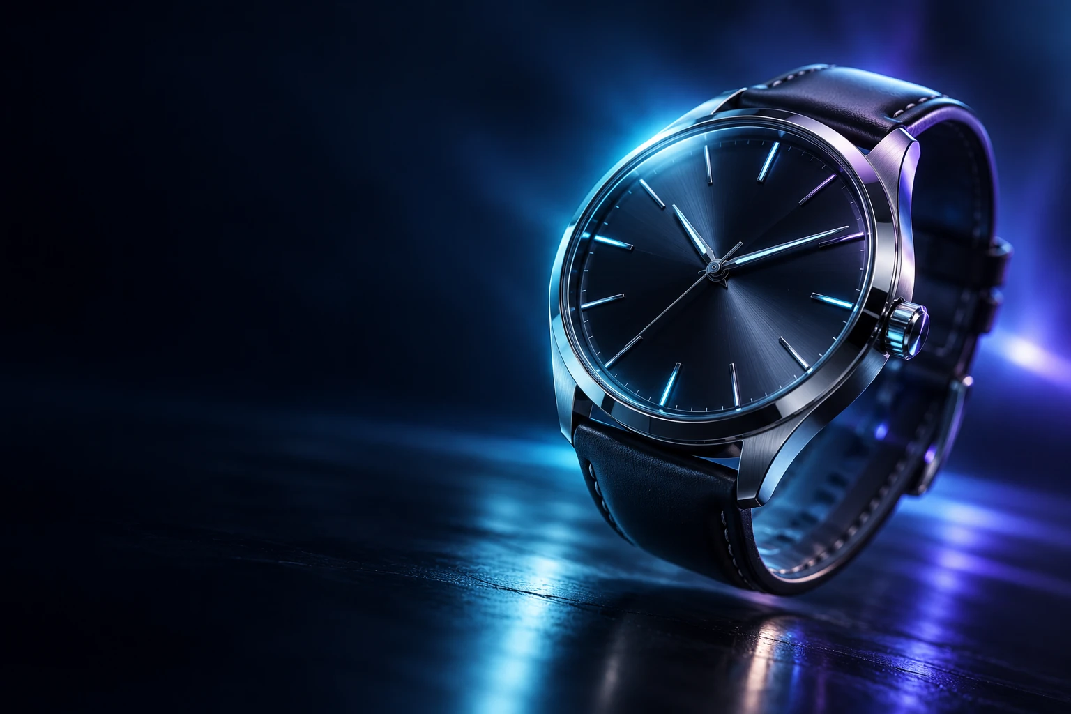 Gerenderte Armbanduhr in dunkler Szene mit blauem Licht
