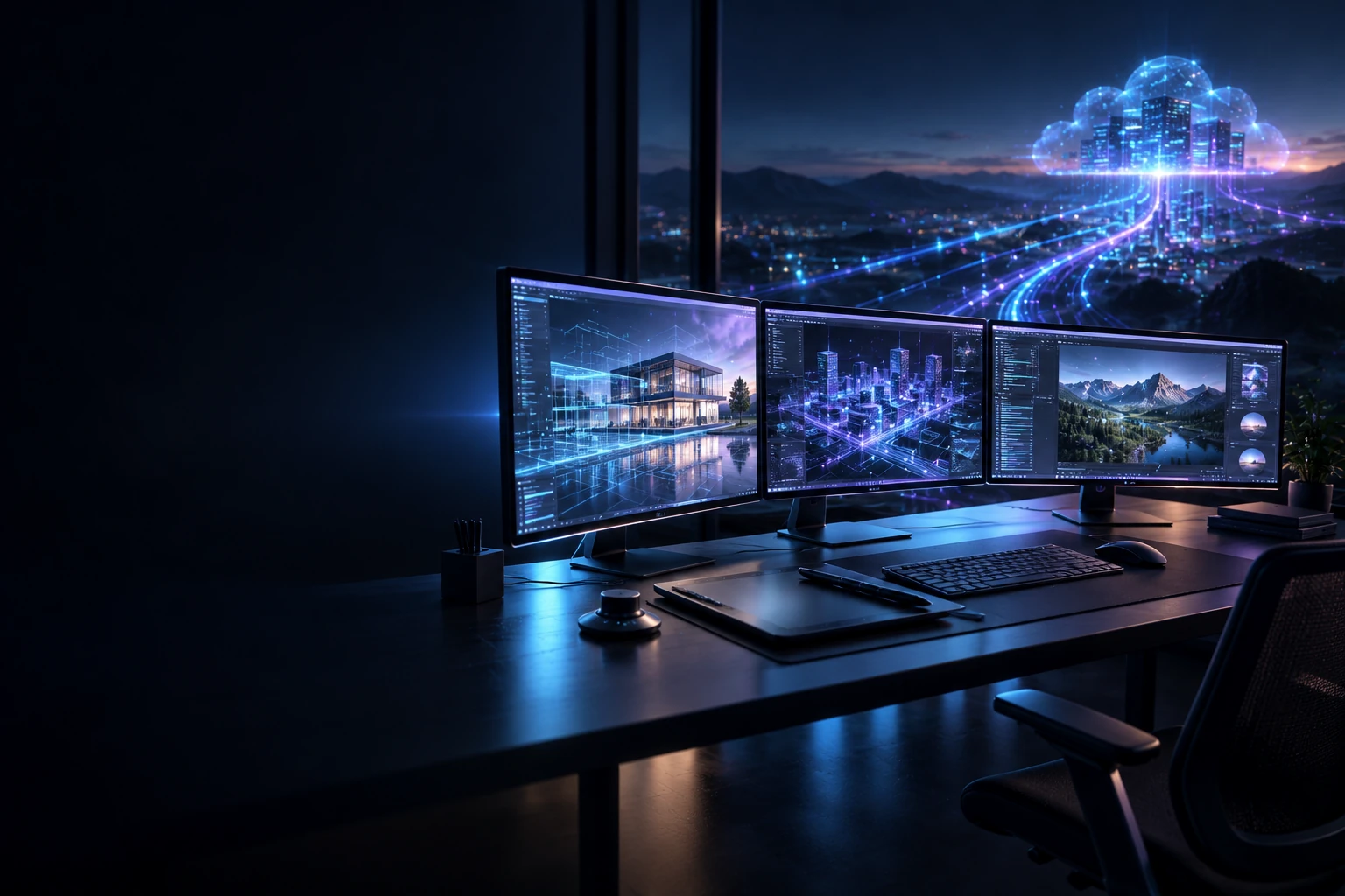 Arbeitsplatz mit drei Monitoren, der per Remote Desktop mit der Cloud verbunden ist