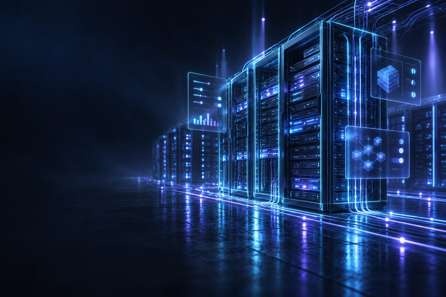 Planungsansicht einer Renderfarm: Server-Racks als leuchtendes Konstruktionsmodell mit Leitungswegen und Konfigurationspanels