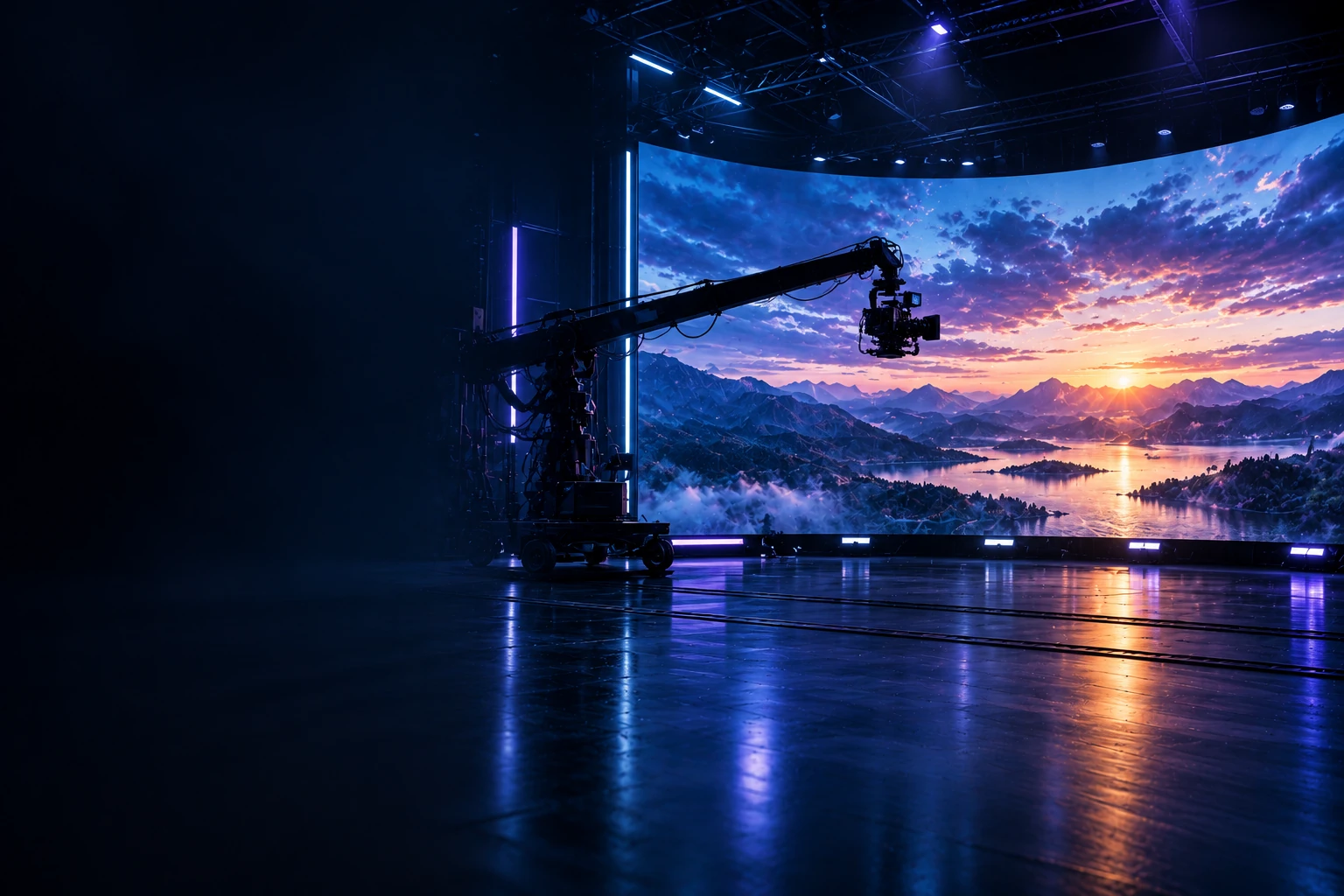 Virtual-Production-Studio mit gekrümmter Bildwand und Kamerakran