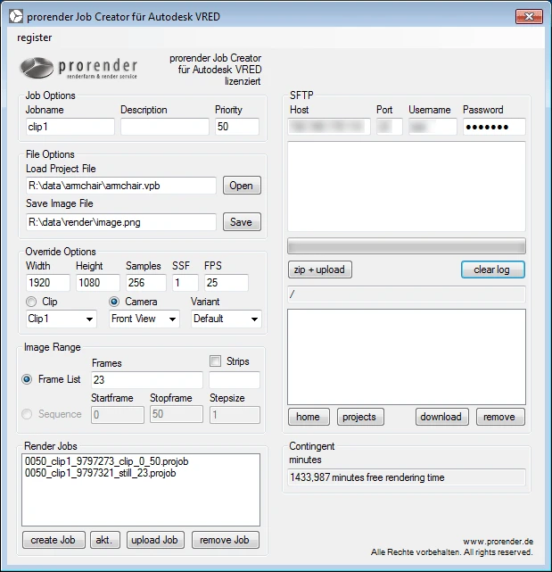 Oberfläche des prorender VRED Job Creators